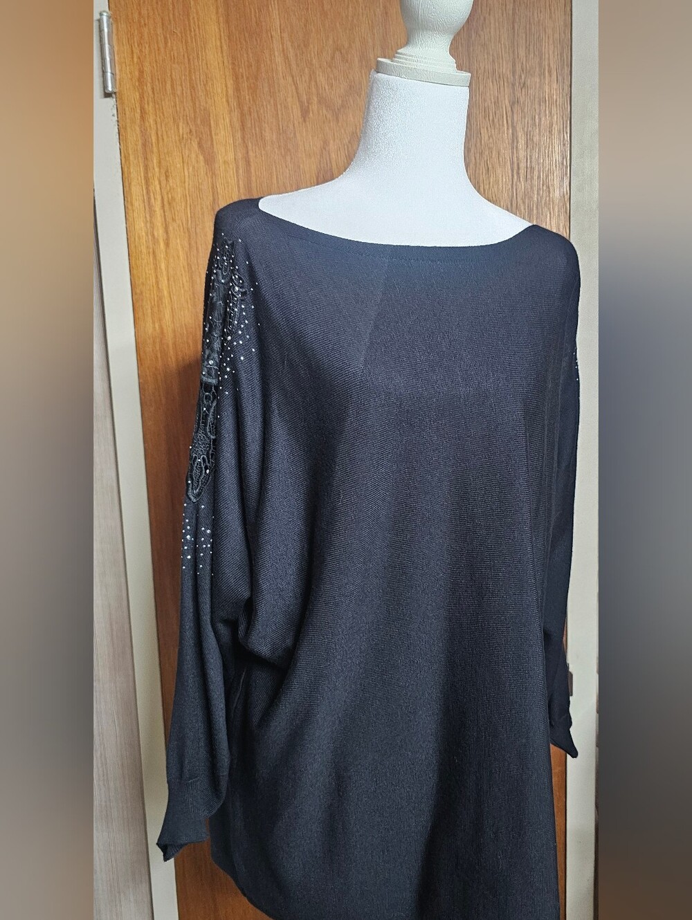 iKnit Plus Size Black Embellished Batwing Sweater Top Blouse